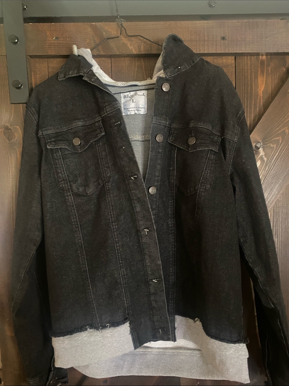 NEW WHITE BIRCH jean jacket with removable hood in black/grey